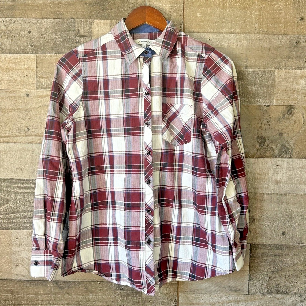 Foxcroft NYC Womens Size 6 Button Front Shirt‎ Maroon White Blue Pocket Plaid